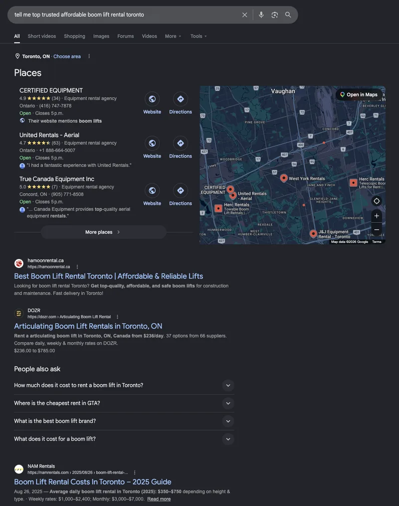 Google results showing NAM Rentals alongside Toronto boom lift rental competitors