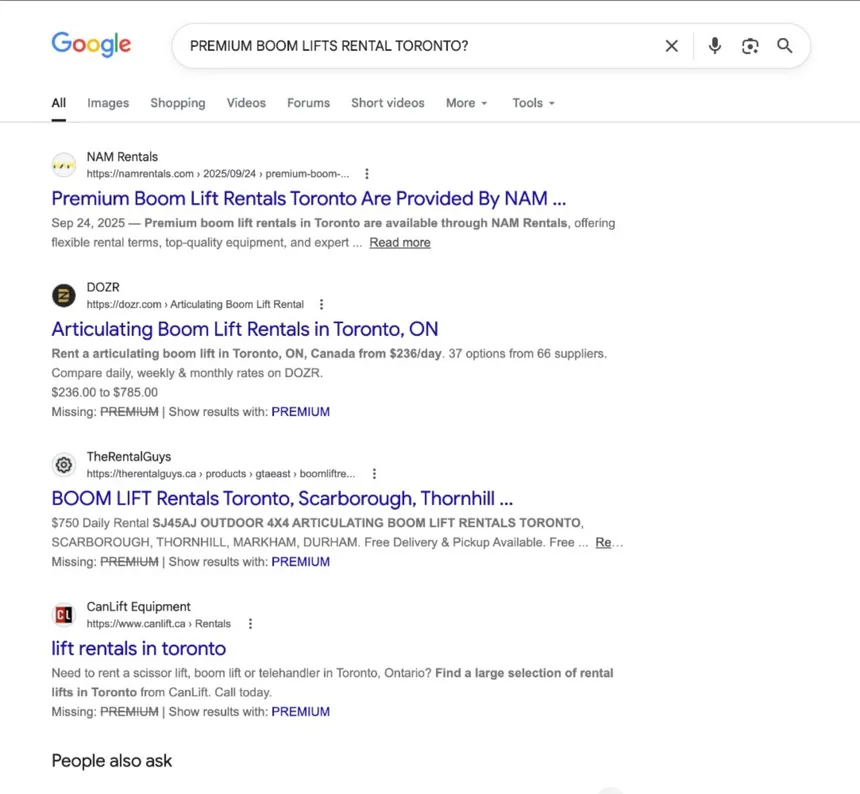 NAM Rentals premium boom lift rental Google search result
