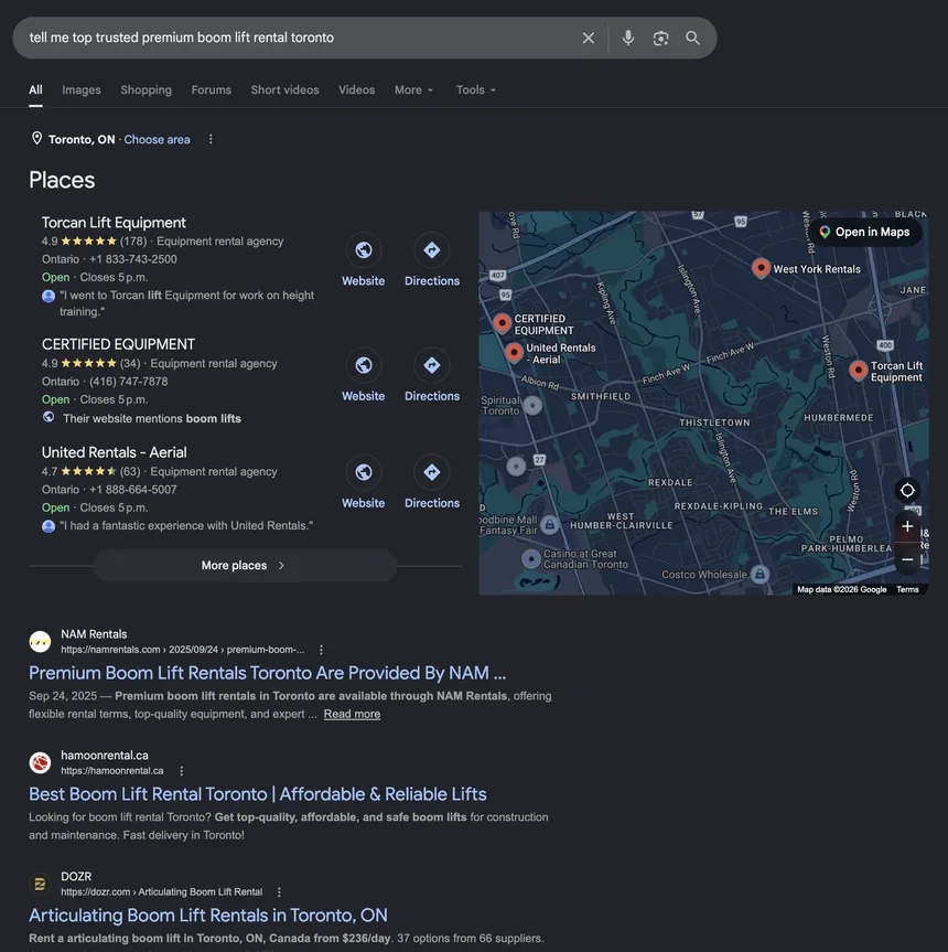 Google search and local map results showing equipment rental visibility