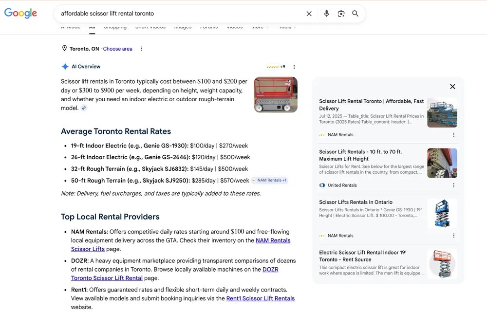 Google AI Overview showing NAM Rentals in Toronto scissor lift rental results