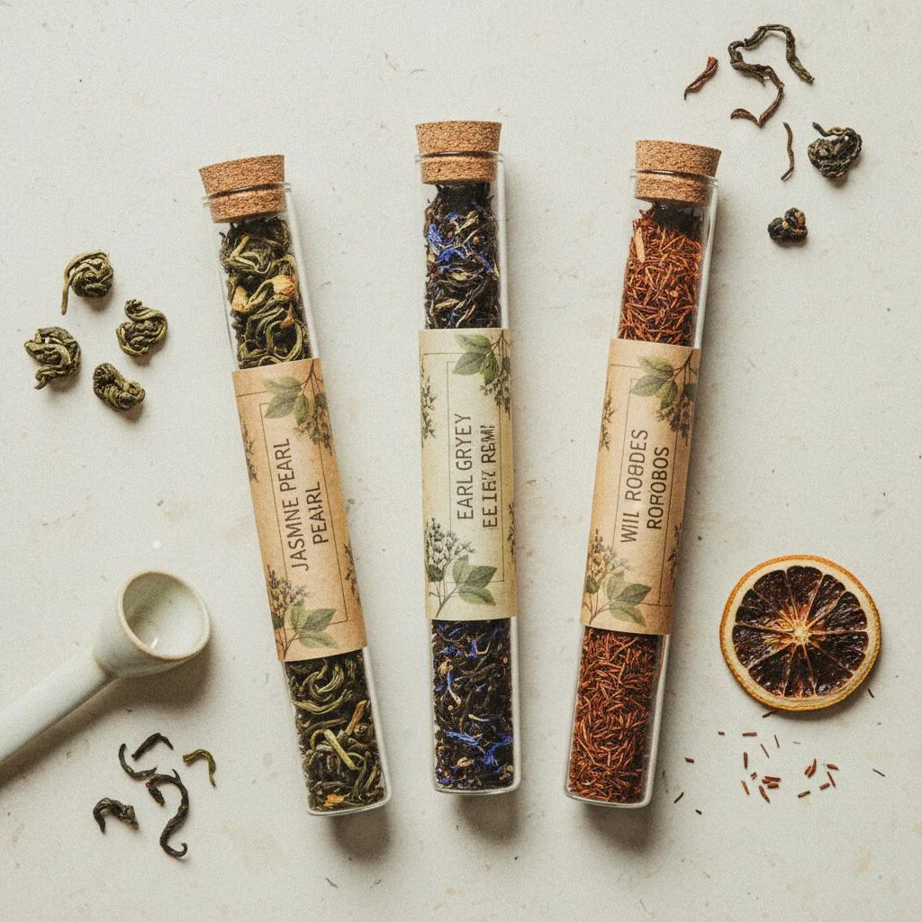 Pyali chai Case Study Tea tubes with botanical labels