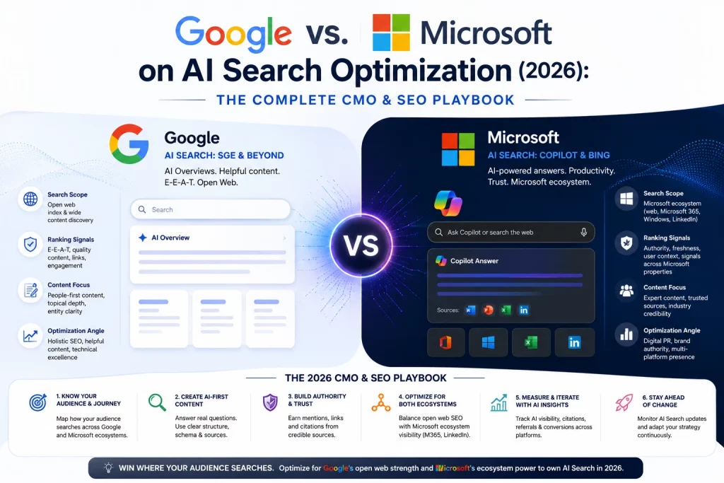 Google vs. Microsoft on AI Search Optimization (2026): The Complete CMO & SEO Playbook